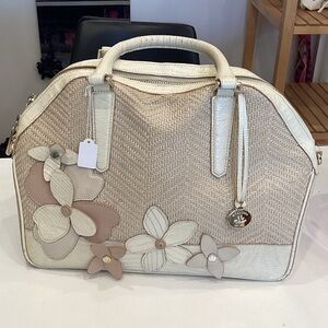 Brahmin Cream & Tan Floral Appliqué Satchel